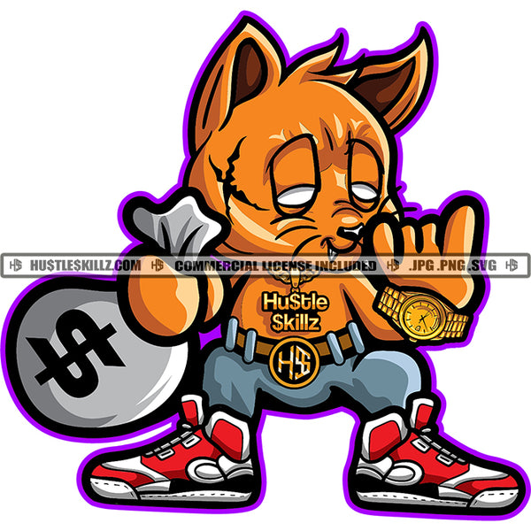 Scarface Gangster Cat Holding Money Bag Cash Hustler Belt Hustling Gold Chain Watch Designs Logo Hustle Skillz SVG PNG JPG Vector Cut Files Silhouette Cricut