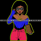 Pretty Woman Afro Puff Hairstyle Hustler Gold Chain Earring Sunglass Hustling Holding Bag Logo Hustle Skillz SVG PNG JPG Vector Cut Files Silhouette Cricut