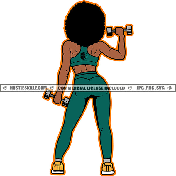 Black Woman Weights Working Out Exercise Gym Fit Figure Afro Puff Hairstyle Matching Outfit Grind Logo Hustle Skillz SVG PNG JPG Vector Cut Files Silhouette Cricut