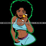 Melanin Woman Afro Puff Hairstyle Matching Outfit Fit Figure Curvy And Sexy Holding Phone Logo Hustle Skillz SVG PNG JPG Vector Cut Files Silhouette Cricut