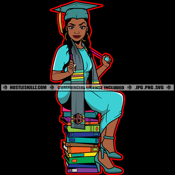 Graduate Graduation Nubian Woman Fit Figure Matching Outfit Books Achievements Doctor Nurse Progress Success Logo Hustle Skillz SVG PNG JPG Vector Cut Files Silhouette Cricut