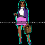 Melanin Woman Fit Figure Hustler Earring Holding Bag Wearing Suit Matching Outfit Logo Hustle Skillz SVG PNG JPG Vector Cut Files Silhouette Cricut