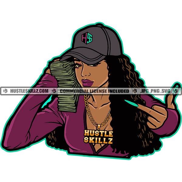 Melanin Woman Money Baseball Cap Hat Gangster Hustling Gold Chain Middle Finger Logo Hustle Skillz SVG PNG JPG Vector Cut Files Silhouette Cricut