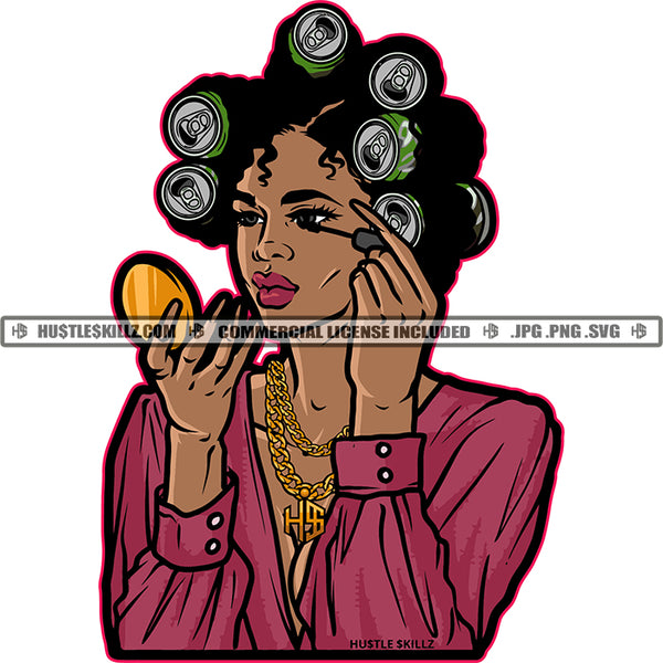 Woman Can Hair Rolls Doing Make Up Mirror Glamour Design Element Logo Hustler Grind Hustle Skillz SVG PNG JPG Vector Cut Files