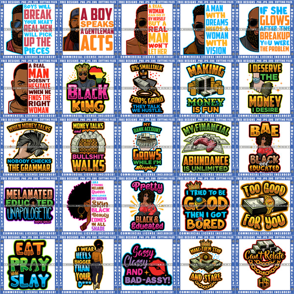 Bundle 25 Melanin Man Woman Savage Quotes Queen Hustler Grind Hustle Skillz Designs For Commercial Use SVG PNG JPG Cut Cutting