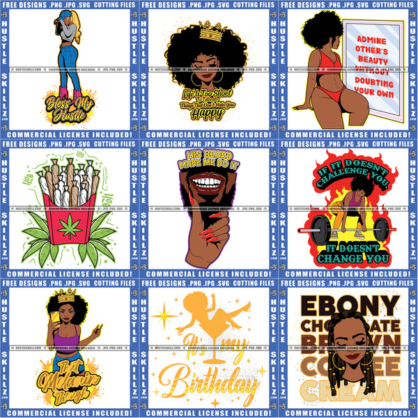 Bundle 9 Melanin Man Beard Birthday Ebony Woman Queen Hustler Girl Hustle Skillz Designs For Commercial Use SVG PNG JPG Cut Cutting