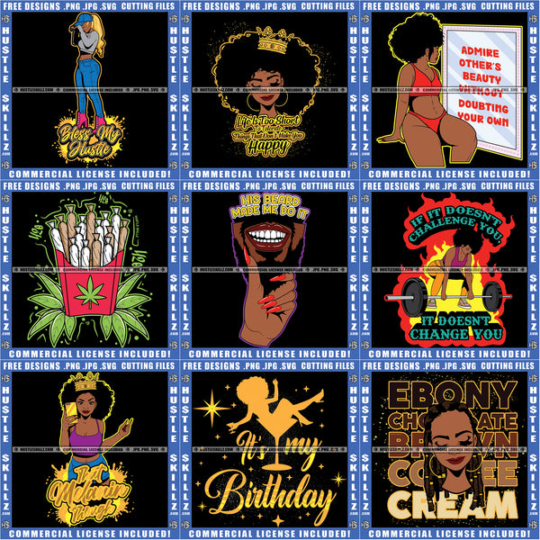 Bundle 9 Melanin Man Beard Birthday Ebony Woman Queen Hustler Girl Hustle Skillz Designs For Commercial Use SVG PNG JPG Cut Cutting