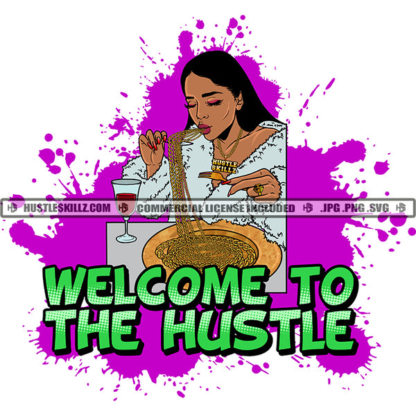 Welcome to the Hustle Black Woman Gold Fork Knife Chains Plate Hustling Grind Logo Hustle Skillz SVG PNG JPG Vector Cut Files Silhouette Cricut