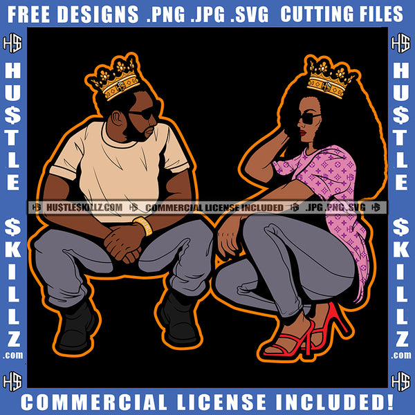 Couple Crown Man and Woman Locs Dreads Sitting in Blue Jeans Shirtless Relationship Logo Hustle Skillz SVG PNG JPG Vector Cut Files Silhouette Cricut