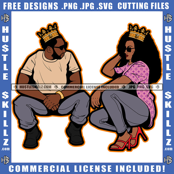 Couple Crown Man and Woman Locs Dreads Sitting in Blue Jeans Shirtless Relationship Logo Hustle Skillz SVG PNG JPG Vector Cut Files Silhouette Cricut