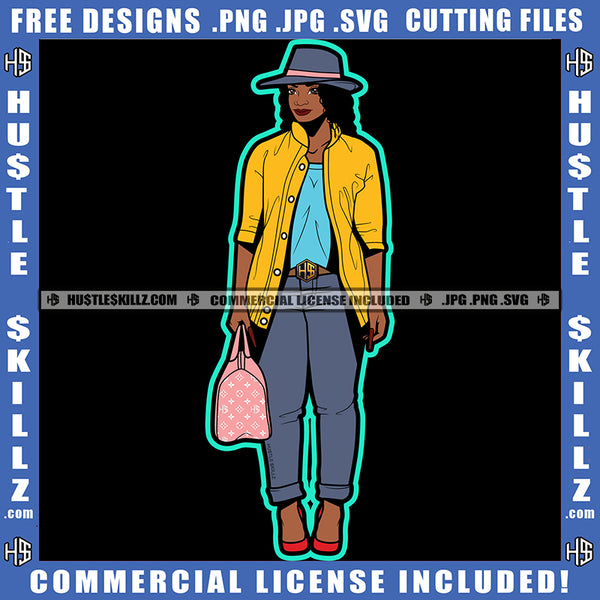 Boss Lady Melanin Woman Pamela Hat Carrying Bags With Money Grinding Bragging Logo Hustle Skillz SVG PNG JPG Vector Cut Files Silhouette Cricut