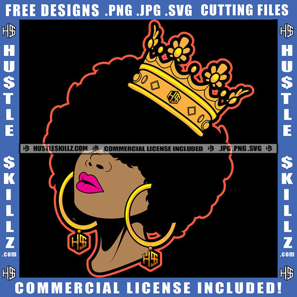 Black Woman Queen Jeweled Crown Head Lifted Hoops Sparkle Icon Grind Logo Hustle Skillz SVG PNG JPG Vector Cut Files Silhouette Cricut