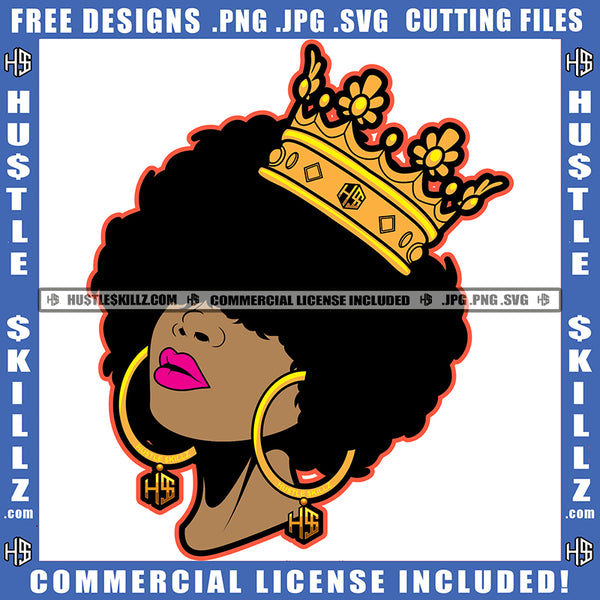 Black Woman Queen Jeweled Crown Head Lifted Hoops Sparkle Icon Grind Logo Hustle Skillz SVG PNG JPG Vector Cut Files Silhouette Cricut