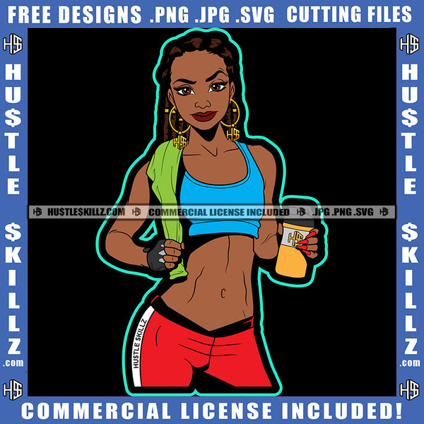 Black Woman Workout Gym Towel Sweat Drink Strength Exercise Grind Logo Hustle Skillz SVG PNG JPG Vector Cut Files Silhouette Cricut