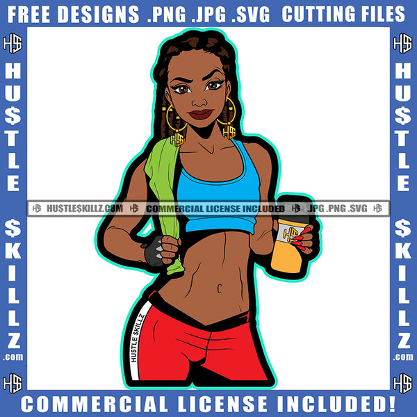 Black Woman Workout Gym Towel Sweat Drink Strength Exercise Grind Logo Hustle Skillz SVG PNG JPG Vector Cut Files Silhouette Cricut