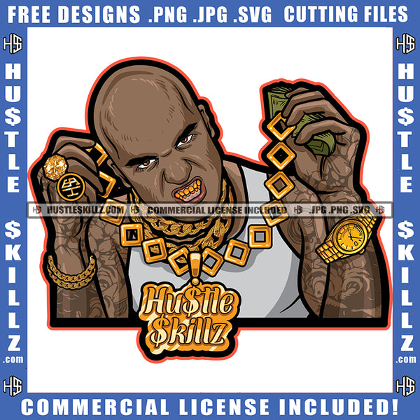 Black Man In Black Shirt Gold Chain Holding Money Dollar Bills Logo Hustle Skillz SVG PNG JPG Vector Cut Files Silhouette Cricut