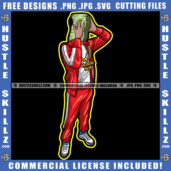 Man With Winter Dress Grind Hustler Hustling Street Ghetto Gold Chain Holding Money Dollar Bills Logo Hustle Skillz SVG PNG JPG Vector Cut Files Silhouette Cricut