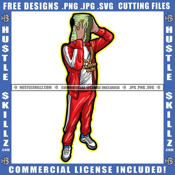 Man With Winter Dress Grind Hustler Hustling Street Ghetto Gold Chain Holding Money Dollar Bills Logo Hustle Skillz SVG PNG JPG Vector Cut Files Silhouette Cricut