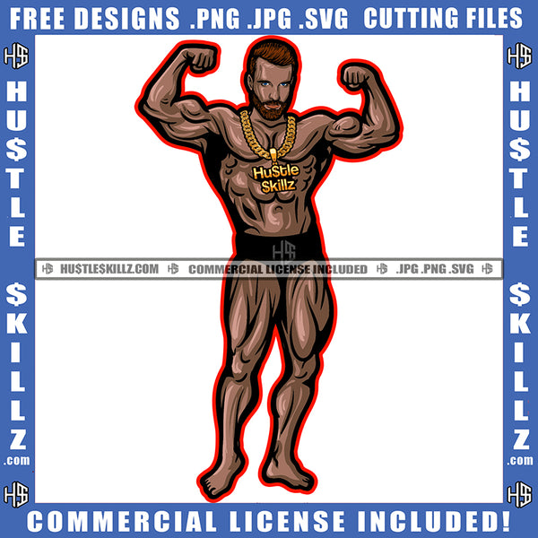 Afro Man Fit Training Exercise Strong Muscle Shirtless Short Hairstyle Logo Hustle Skillz SVG PNG JPG Vector Cut Files Silhouette Cricut