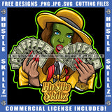 Green Face Woman Caucasian Lady Cash Dollar Bills Holding Money Wearing Hat Logo Hustle Skillz SVG PNG JPG Vector Cut Files Silhouette Cricut