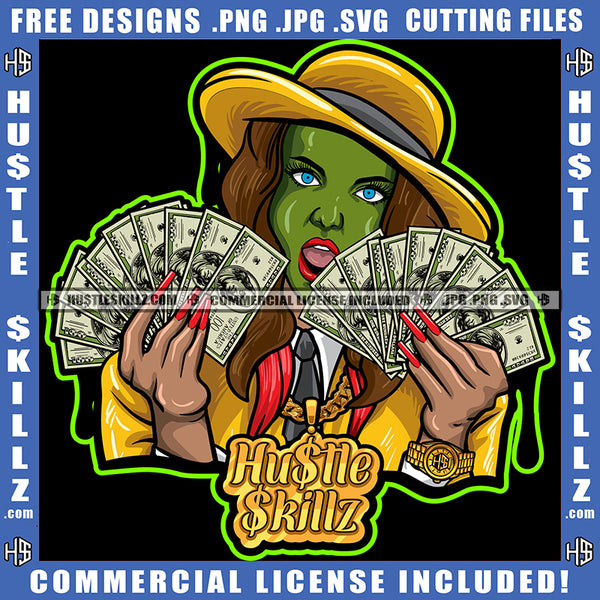 Green Face Woman Caucasian Lady Cash Dollar Bills Holding Money Wearing Hat Logo Hustle Skillz SVG PNG JPG Vector Cut Files Silhouette Cricut