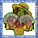 Green Face Woman Caucasian Lady Cash Dollar Bills Holding Money Wearing Hat Logo Hustle Skillz SVG PNG JPG Vector Cut Files Silhouette Cricut