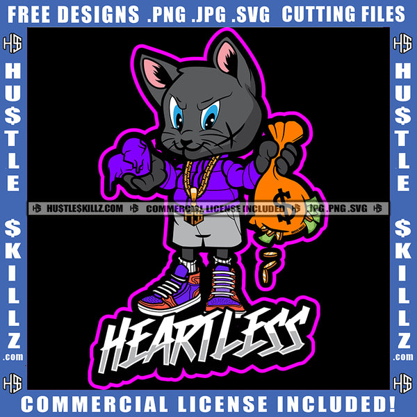 Gangster Scarface Heartless Cat Holding Heart Melting Money Bag Coins Grind Logo Hustle Skillz SVG PNG JPG Vector Cut Files Silhouette Cricut