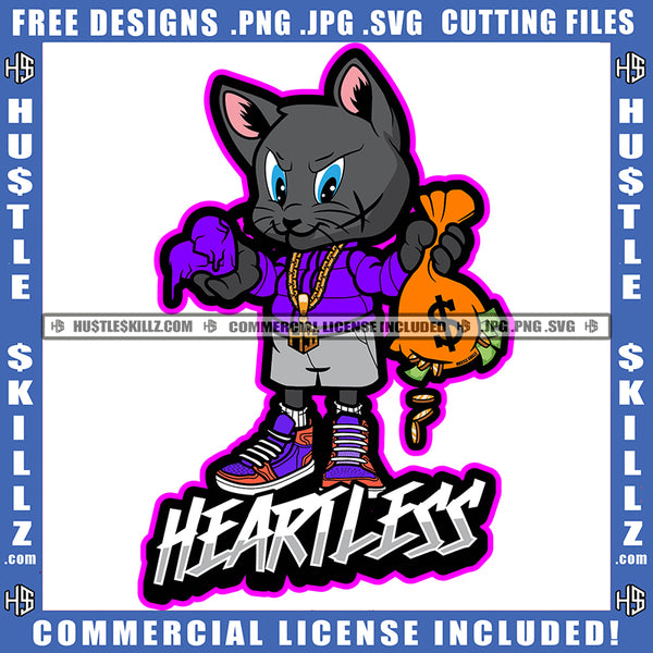 Gangster Scarface Heartless Cat Holding Heart Melting Money Bag Coins Grind Logo Hustle Skillz SVG PNG JPG Vector Cut Files Silhouette Cricut