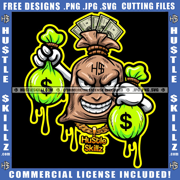 Money Bag Carrying Cash Bags Dripping Dinero Dollar Grinding Hustler Logo Hustle Skillz SVG PNG JPG Vector Cut Files Silhouette Cricut