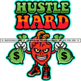 Hustle Hard Heart Cartoon Character Holding Money Bags Evil Sarcastic Face Cash Hustler Grind Hustle Skillz SVG PNG JPG Vector Cutting Cricut Silhouette