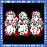 Angel Sitting See Blood Bleeding No Evil Hear No Evil Speak No Evil Black And White Design Red Border Earing Illustration Logo Hustle Skillz SVG PNG JPG Vector Cut Files Silhouette Cricut