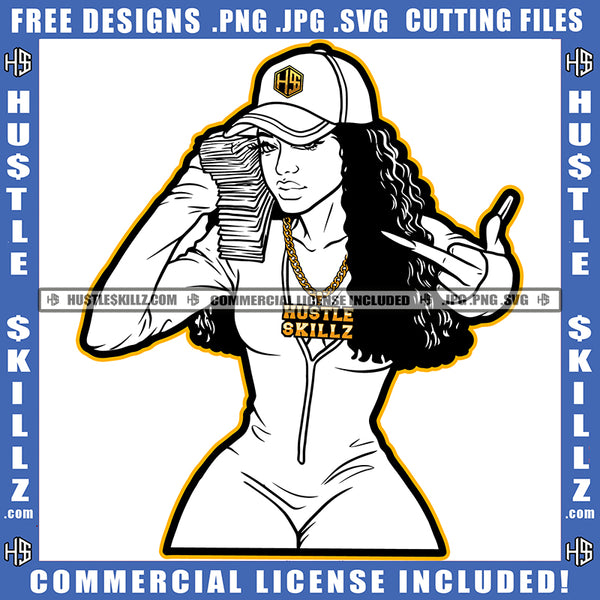 Nubian Woman Black And White Design Money Baseball Cap Hat Gangster Hustling Gold Chain Middle Finger Logo Hustle Skillz SVG PNG JPG Vector Cut Files Silhouette Cricut