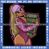 Nubian Woman Curvy And Sexy Girl Sunglass Long Wave Hairstyle Holding Money Baseball Cap Hat Gangster Hustling Earing Logo Hustle Skillz SVG PNG JPG Vector Cut Files Silhouette Cricut