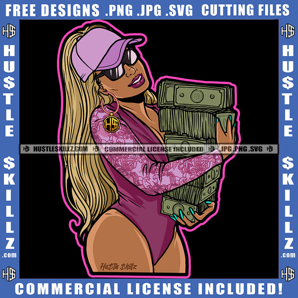 Nubian Woman Curvy And Sexy Girl Sunglass Long Wave Hairstyle Holding Money Baseball Cap Hat Gangster Hustling Earing Logo Hustle Skillz SVG PNG JPG Vector Cut Files Silhouette Cricut