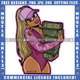 Nubian Woman Curvy And Sexy Girl Sunglass Long Wave Hairstyle Holding Money Baseball Cap Hat Gangster Hustling Earing Logo Hustle Skillz SVG PNG JPG Vector Cut Files Silhouette Cricut