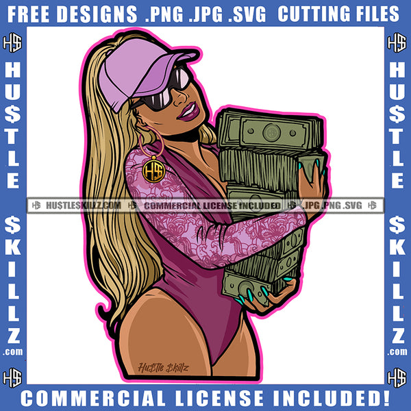 Nubian Woman Curvy And Sexy Girl Sunglass Long Wave Hairstyle Holding Money Baseball Cap Hat Gangster Hustling Earing Logo Hustle Skillz SVG PNG JPG Vector Cut Files Silhouette Cricut