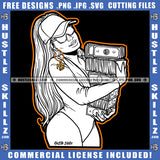 African American Lady Woman Black And White Design Curvy And Sexy Girl Sunglass Long Wave Hairstyle Holding Money Cap Hat Gangster Hustling Earing Logo Hustle Skillz SVG PNG JPG Vector Cut Files Silhouette Cricut