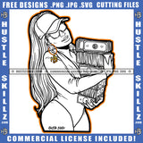 African American Lady Woman Black And White Design Curvy And Sexy Girl Sunglass Long Wave Hairstyle Holding Money Cap Hat Gangster Hustling Earing Logo Hustle Skillz SVG PNG JPG Vector Cut Files Silhouette Cricut