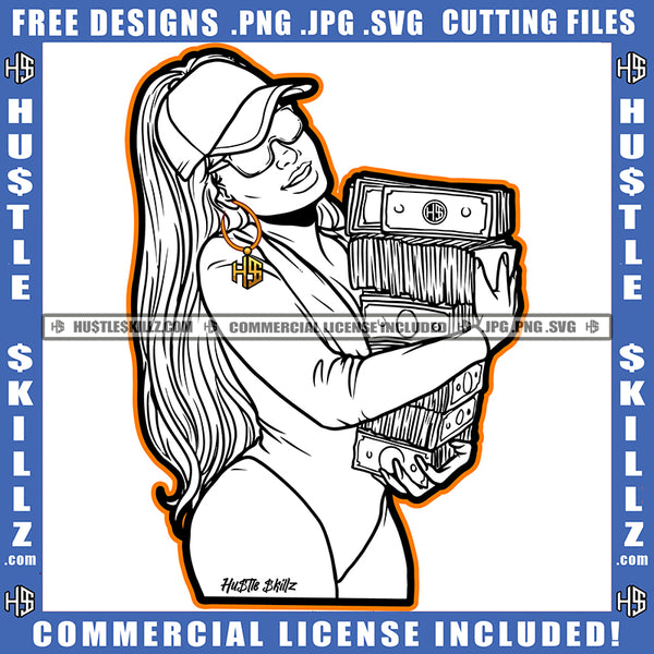 African American Lady Woman Black And White Design Curvy And Sexy Girl Sunglass Long Wave Hairstyle Holding Money Cap Hat Gangster Hustling Earing Logo Hustle Skillz SVG PNG JPG Vector Cut Files Silhouette Cricut