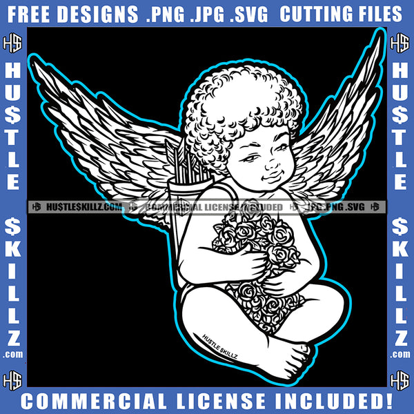 Young Child Angel Black And White Design Wings Sitting Graphic Icon Flower Arrow Holding On Back Grind Logo Hustle Skillz SVG PNG JPG Vector Cut Files Silhouette Cricut