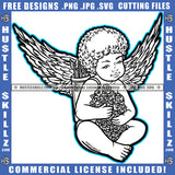 Young Child Angel Black And White Design Wings Sitting Graphic Icon Flower Arrow Holding On Back Grind Logo Hustle Skillz SVG PNG JPG Vector Cut Files Silhouette Cricut