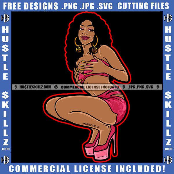 Nubian Curvy And Sexy Woman Twerking Girl Curly Hairstyle Grind Hustle Grinding Hustling Hustler Earing Logo Hustle Skillz SVG PNG JPG Vector Cut Files Silhouette Cricut