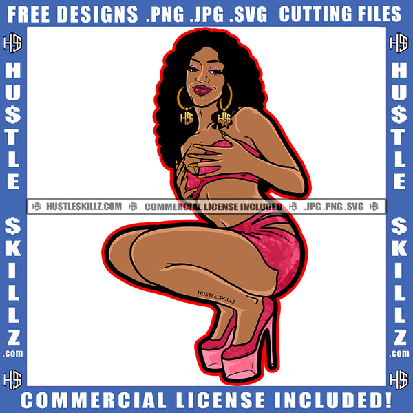 Nubian Curvy And Sexy Woman Twerking Girl Curly Hairstyle Grind Hustle Grinding Hustling Hustler Earing Logo Hustle Skillz SVG PNG JPG Vector Cut Files Silhouette Cricut