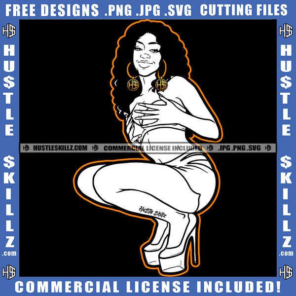 Black Girl Magic Curvy And Sexy Woman Black And White Design Twerking Girl Curly Hairstyle Grind Hustle Grinding Hustling Hustler Earing Logo Hustle Skillz SVG PNG JPG Vector Cut Files Silhouette Cricut