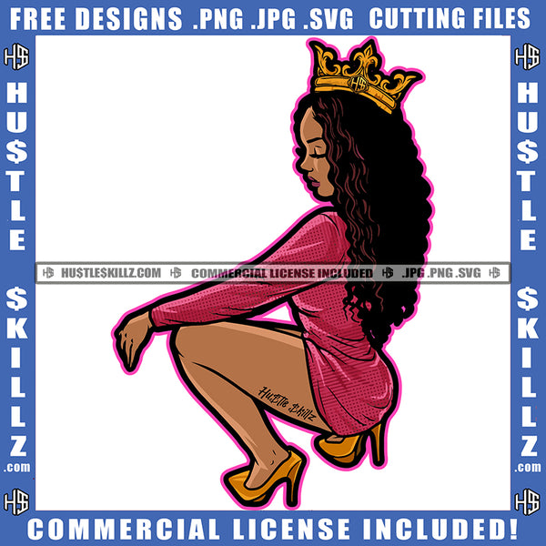 African American Queen Lady Sexy Woman Twerking Girl Curly Hairstyle Logo Hustle Skillz SVG PNG JPG Vector Cut Files Silhouette Cricut