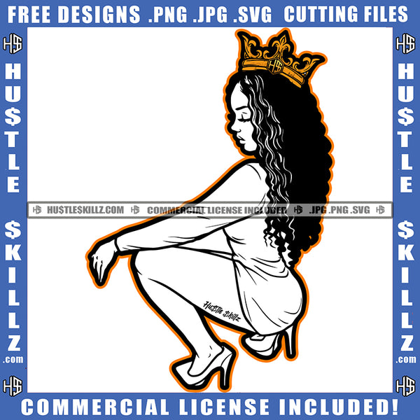 Melanin Queen Lady Black And White Design Sexy Woman Twerking Girl Curly Hairstyle Logo Hustle Skillz SVG PNG JPG Vector Cut Files Silhouette Cricut