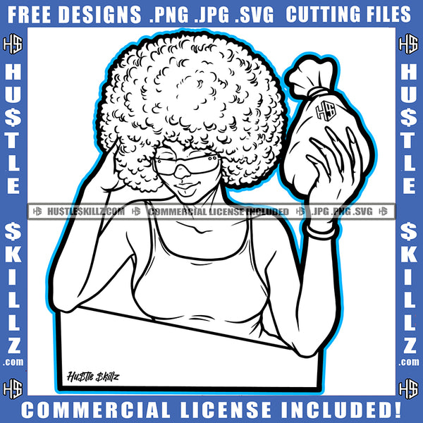 Melanin Woman Holding Bank Bags Money Cash Black And White Design Bracelet  Sunglass Curly Bob Hairstyle Graphic Logo Hustle Skillz SVG PNG JPG Vector Cut Files Silhouette Cricut