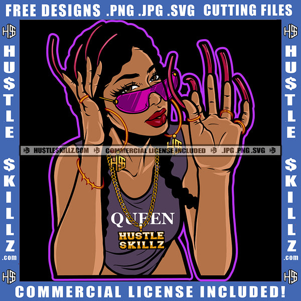 Melanin Woman Monster Abstract Fingernails Sunglass Hand Bracelet Ring Gold Chain Braids Hairstyle Graphic Logo Hustle Skillz SVG PNG JPG Vector Cut Files Silhouette Cricut