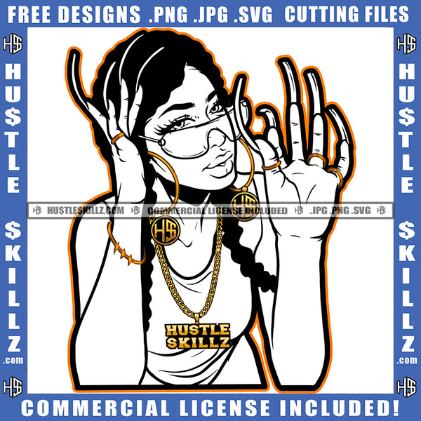 Nubian Woman Black And White Design Monster Abstract Fingernails Sunglass Hand Bracelet Ring Gold Chain Braids Hairstyle Graphic Logo Hustle Skillz SVG PNG JPG Vector Cut Files Silhouette Cricut