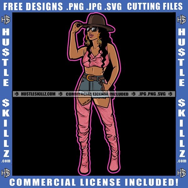 Melanin Woman Modeling Wearing Sexy Dress Hat Hats Belt Sunglass Hustle Earing Slim Figure Long Wave Hairstyle Logo Hustle Skillz SVG PNG JPG Vector Cut Files Silhouette Cricut